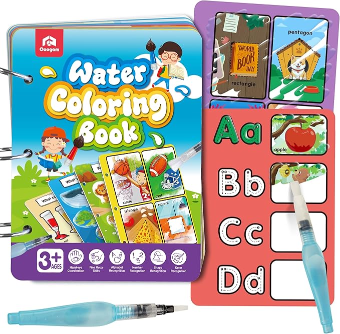 Coogam Water Painting Color Book - 12 Double Sided Water Color Book, Aqua Doodle Drawing for Kids Age 3-8 Year Old, Educational Learning Gifts for Birthday Christmas