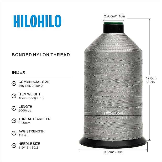 Extra Strong Bonded Nylon Thread #69 Tex70 – 16 OZ, 6000yds, Versatile Stitching Solution for Leather, Upholstery, Canvas Repair and More (Light Gray)
