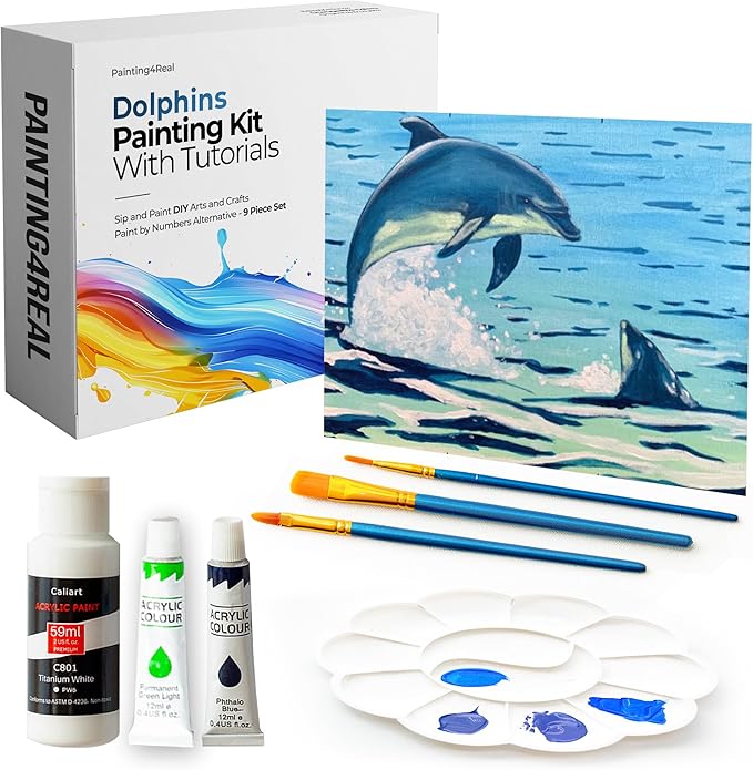 DIY Art Painting Kit for Adults – Learn to Paint Dolphins with Video Tutorials – 9 Pieces Acrylic Paint Set for Adults –Perfect Christmas Crafts & Holiday Gifts for Art Lovers
