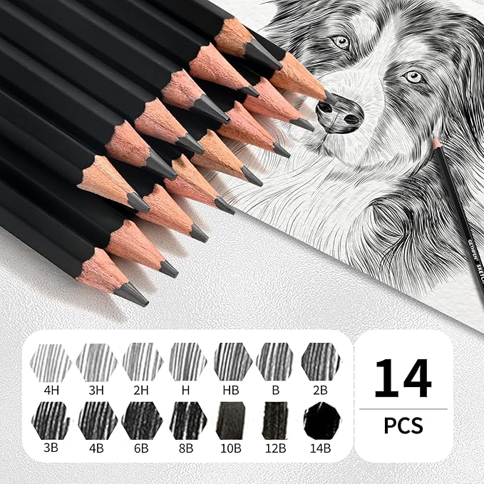 Professional Drawing Sketching Pencil Set - 14 Pieces Graphite Pencils(14B - 4H), Ideal for Drawing Art, Sketching, Shading, Artist Pencils for Beginners & Pro Artists