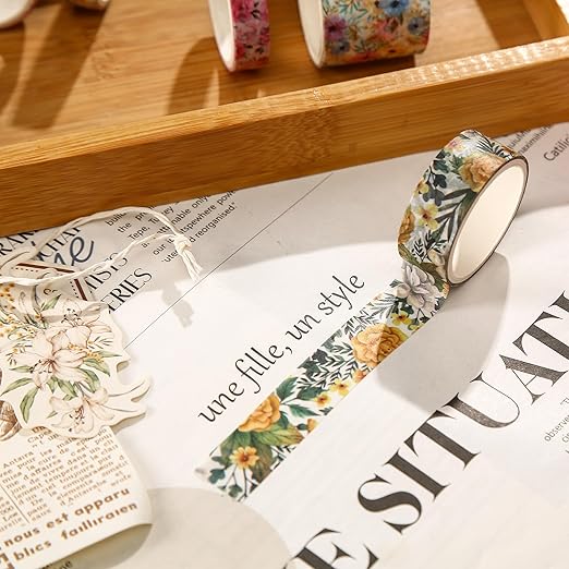 Floral Washi Tape Set - 15 Rolls Flowers Arts Adhesive Tapes Garden Blooms Decorative Masking Tape Sets for Craft, Kids, Scrapbook, DIY, Gift Wrloapping (1-Spring Meadow)