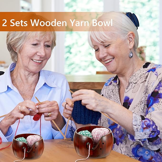 2 Sets Wooden Yarn Bowl Crochet Bowl Bamboo Handmade Knitting Wool Storage Round Rosewood Yarn Bowl with Holes 12 Pieces Crochet Hooks for Knitting Crocheting DIY Arts Crafts Tools Supplies