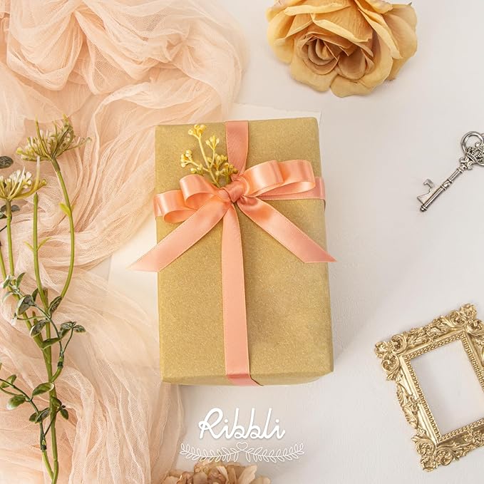Ribbli Peach Satin Ribbon Double Faced Satin 1/2 inch x Continuous 50 Yards-Peach Ribbon for Gift Wrapping Crafts Wedding Decoration Bows Bouquet Floral Arrangement