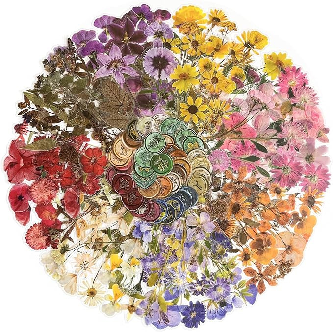 Yoksas Pressed Flower Wax Seal Stickers Set - 320Pcs Dried Flowers Plant Stickers for Junk Journaling,Scrapbook,Planner,Resin Art