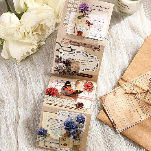 6Pcs Floral PET Tapes, Vintage Pre-Cut Tapes for Journaling, Scrapbooking, and Junk Journal Supplies, with Decorative Clip
