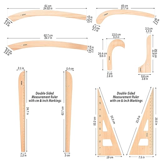 7 Piece Beech Wood Sewing Ruler Set, Wooden Pattern Making & Drafting Tools for Dressmaking Tailoring & Fashion Designer, with Straight Edge, Triangle, French & Hip Curve & Vary Form Curve