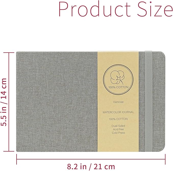 Vienrose Watercolor Sketchbook, 5.5"x8.2" Watercolor Journal with 24 Sheets 140 LB (300 GSM) Cotton Watercolor Paper, Grey Linen Cover Watercolcr Sketch Book As Travel Notebook Mixed Media Pad