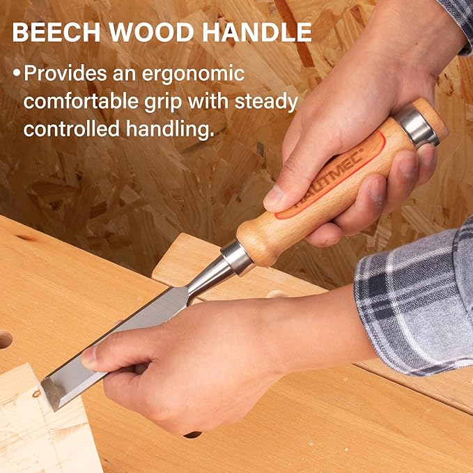 HAUTMEC Wood Chisel Set for Woodworking, 4-Piece Bevel Edge Mortise Chisel Set with 60CrV Steel Blades and Ergonomic Beech Handles (1/4", 1/2", 3/4", 1")