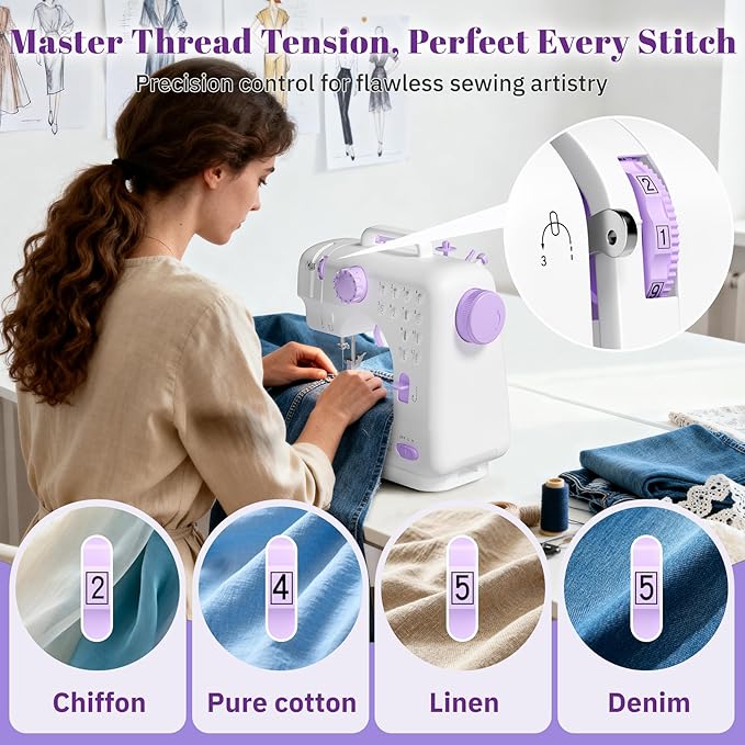 Beginner Sewing Machine, 12 Built-in Stitches with Foot Pedal, 2-Speed Control, Portable Mini Sewing Machine for Home Travel Use & Sewing Enthusiasts (purple)
