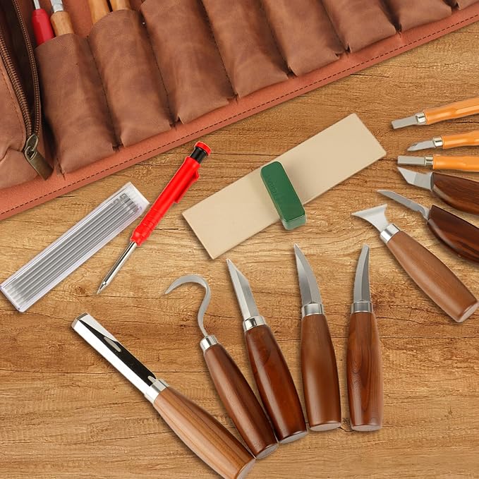 Deluxe Wood Carving Kit, Wood Carving Tools Set, 8Pcs Whittling Knifes&5Pcs Detail Carving Knives with Large Leather Case & Gloves, Wood Whittling Kit for Beginners and Carpenter Experts
