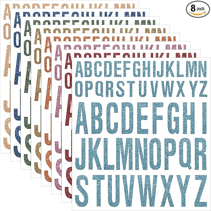8 Sheet Glitter Letter Stickers Vinyl Alphabet Stickers Waterproof Self Adhesive Stick on Letters for Poster Bulletin Board Mailbox School Classrooms Decor(1 Inch, 2 Inch,Morandi)