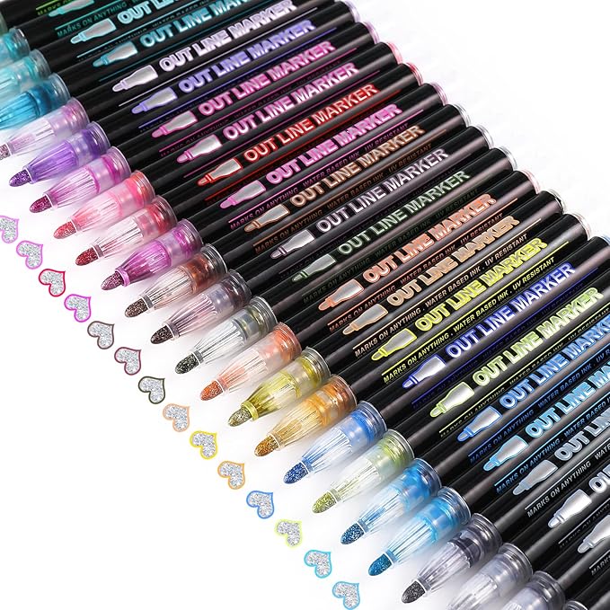 RIANCY Outline Metallic Markers Super Squiggles Markers 24 Colors Self Double Line Pen Outline Shimmer Pens for Art Drawing Christmas Greeting Cards Scrapbook Crafts Ceramic Glass Christmas Decor