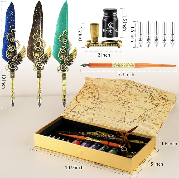 Quill Pen and Ink Set, Calligraphy set - feather quill pen, Wooden Dip Pen, 5 Color Ink, 5 Replaceable Nibs, Pen Holder,Vintage Calligraphy Pens for Beginners and Calligraphy Lovers (Blue)