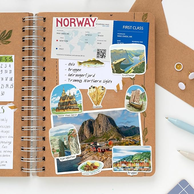 Navy Peony Nordic Norway Travel Stickers (28pcs) - Watercolor, Scandinavia, Norwegian-Themed Vacation Decals for Journals, Scrapbooks, Waterbottles