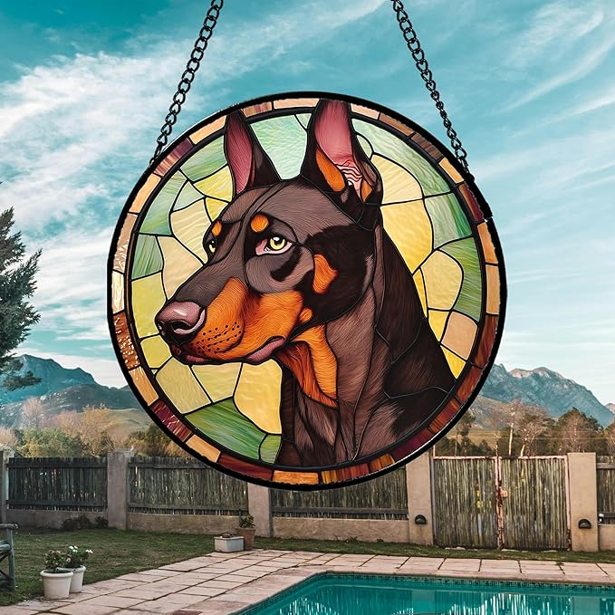 Stained Glass Window Hanging - Funny Dark Brown Doberman Pinscher Suncatcher for Door Terrace Garden Home Decor, Pet Dog Sun Catcher Birthday Gifts for Lovers Women Men Dad Mom Nana 15 in