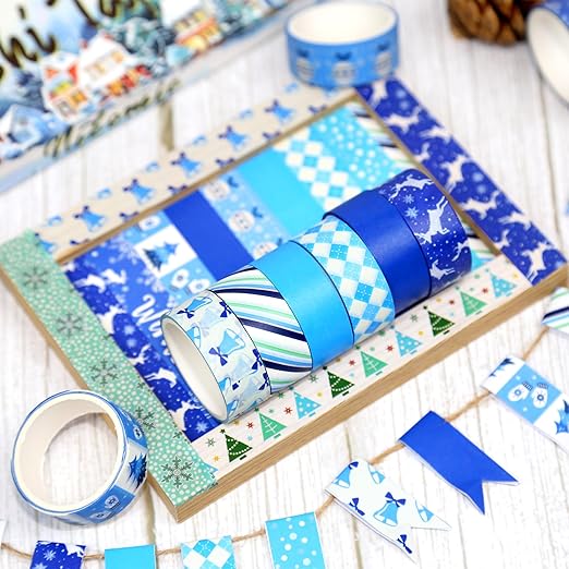Winter Washi Tape Set,12 Rolls Blue White Holiday Decorative Tape Snowflake Xmas Tree Bell Reindeer Masking Tape for Journaling Supplies,Journal,Scrapbooking,DIY Arts & Crafts, Gift Wrapping