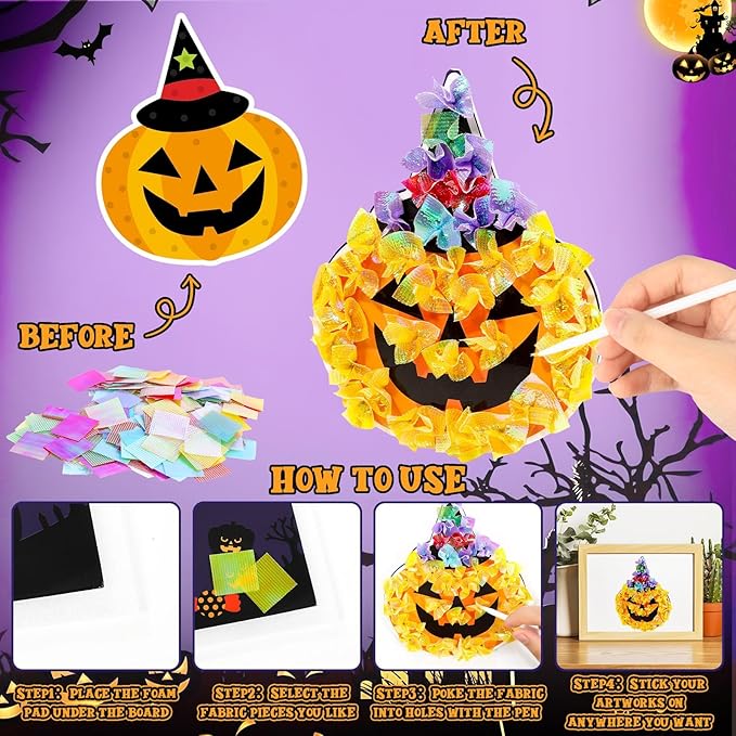Lonfliness 8PCS Poke-in Craft and Art Kit Halloween No-Mess Fabric Sewing Art Puzzle Puncture Painting DIY Bat Pumpkin Ghost Halloween Toy Gift Creative Activity Game Birthday Party