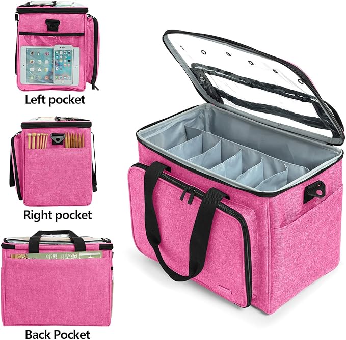 Teamoy Knitting Bag, Yarn Tote Organizer with Inner Divider (Sewn to Bottom) for Crochet Hooks, Knitting Needles(Up to 14”), Project and Supplies -No Accessories Included, Pink