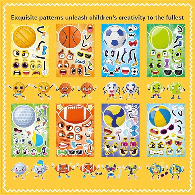 24 PCS Sport Ball Stickers for Kids, Make a Face Stickers, Make Your Own Mix and Match Sticker Sheets, Basketball, Baseball, Football, Volleyball, Soccer, Rugby Stickers for Teens/Kids