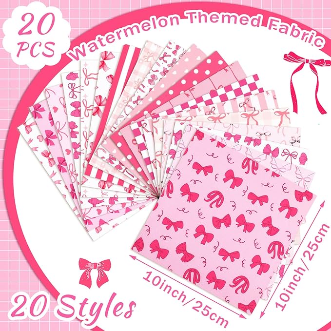 HunnmingRe 20 Pcs 10''x10'' Pink Bow Quilting Fabric Square Coquette Bow Quiltted Fabric Bundle Hot Pink and White Precuts Printed Patchwork Supplies for Holiday DIY Sewing Craft