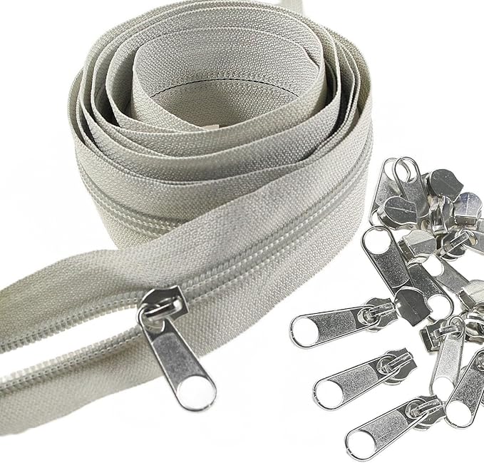 Leekayer #5 Gray Nylon Coil Zippers by The Yard Bulk 10 Yards with 25pcs Silver Sliders for DIY Sewing Tailor Craft Bag(Gray)