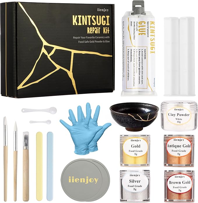 iienjoy Kintsugi Repair Kit, 4 Colors Food Safe Kintsugi Kit Repairs Broken Ceramics, Jade, Glass, Meaningful Pottery, Kintsugi Gold Glue for Ceramics and Porcelain Repair Perfect for Beginners