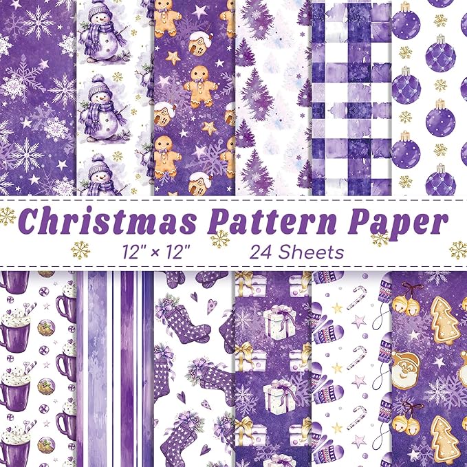 24 Sheets Christmas Scrapbook Paper 12'' × 12'' Double-Sided Watercolor Xmas Purple Pattern Paper Decorative Art Cardstock for Holiday DIY Crafts Card Making Scrapbook Supplies