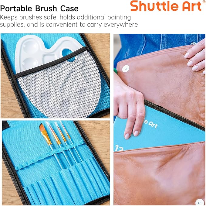 Shuttle Art 12 PCS Paint Brush Set with Case, Assorted Shapes & Sizes for Acrylic, Watercolor, Oil, and Gouache, Perfect Artist Brushes for Kids, Beginners, and Professionals, Ideal for Home or Travel