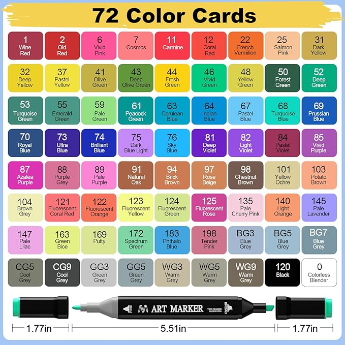 Alcohol Markers Set, 72 Colors Dual Tip Art Marker for Kids Sketching Adult Coloring, Permanent Drawing Marker with Case and Holders