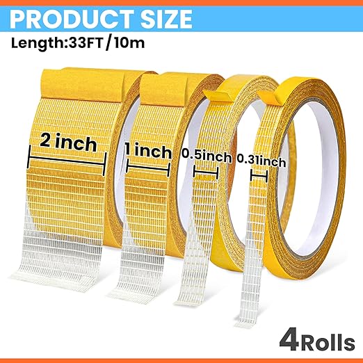 Double Sided Fabric Tape Heavy Duty for Hem, Curtains, Fashion Dress, Cloth, Rug Tape High Adhesive Sticky, 4 Size, 0.31in, 0.5in, 1in, 2 in x 33FT/10m, 4Rolls