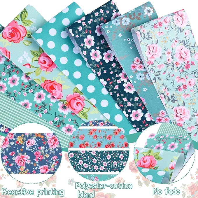 50 Pcs Green Blue Floral Jelly Fabric Strips Roll for Quilting Crafting Spring Summer Flower Precut Patchwork for Sewing DIY Crafts 2.55 Inch Polyester-Cotton Fabric Bundles