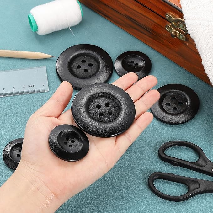 uxcell 30Pcs Large Wooden Buttons, 50mm(2") 4 Hole Round Wood Sewing Button Craft for Sewing DIY Craft Clothing, Black