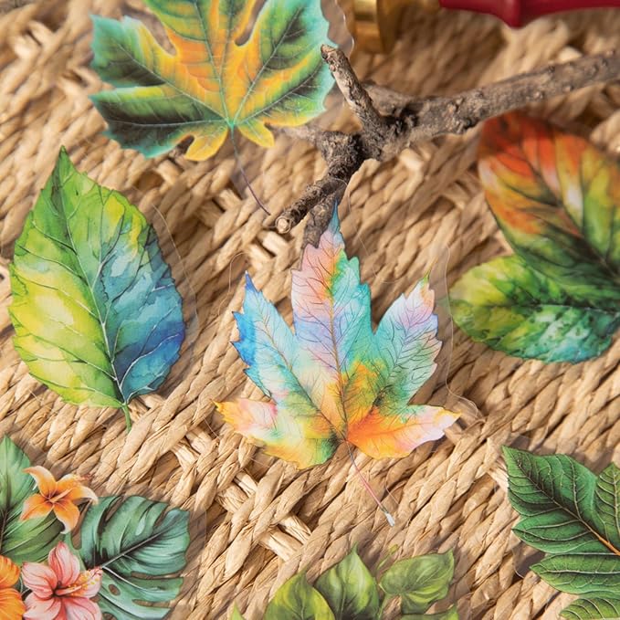 90 Pieces Botanical Leaf-Themed PET Sticker, Waterproof Transparent Leaf Stickers for Scrapbooking, Journaling, Creative Journal Supplies, and DIY Crafts