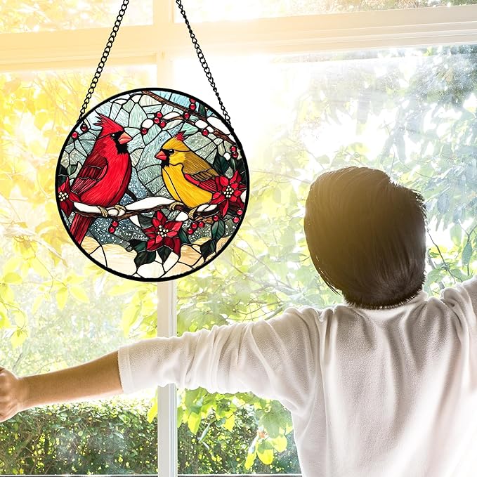 Stained Glass Window Hanging, Love Birds Cardinals Sun Catchers Colorful Glass Panel Birds Suncatcher Decor for Birthday for Women, Men, Wife, Lovers, and Mom 7.8 in