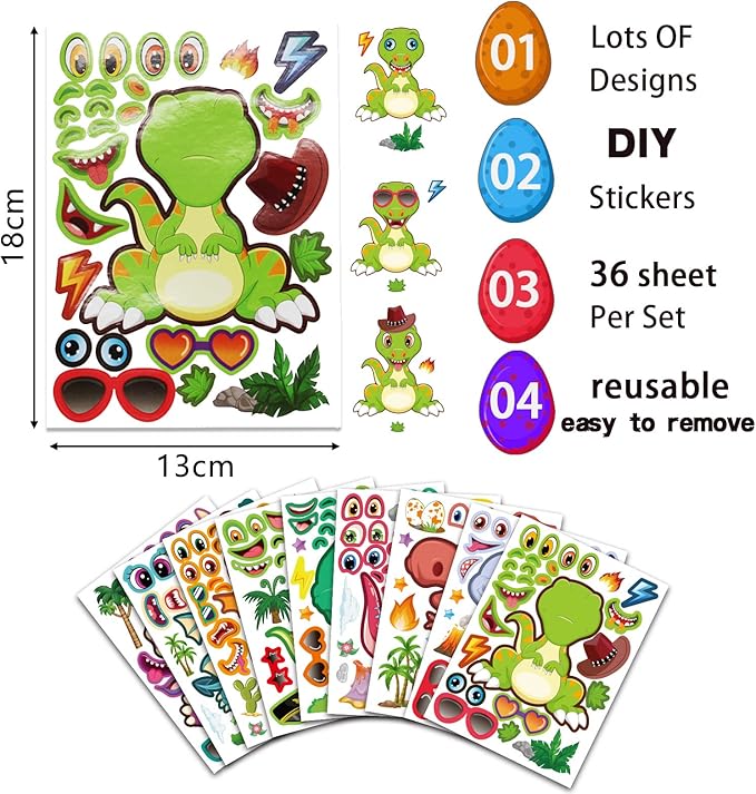 27 Sheet Dinosaur Stickers Make Your Own Dino Stickers for Kids 3+, Make-a-face Sticker Boys Girls Dinosaur Birthday Party Decorations, DIY Craft Birthday Party Favor Supplies