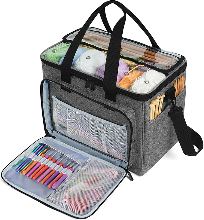 Teamoy Knitting Bag, Yarn Tote Organizer with Inner Divider (Sewn to Bottom) for Crochet Hooks, Knitting Needles(Up to 14”), Project and Supplies -No Accessories Included, Gray