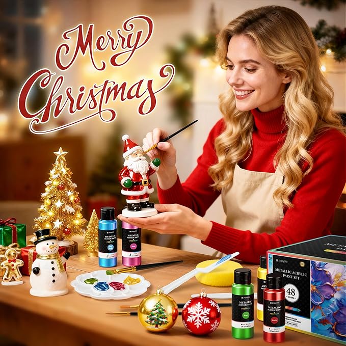 64 PCS Metallic Acrylic Paint Set with 12 Brushes, 2 Knives & Palette, 48 Colors (2oz/60ml) Art Craft Paint for Adults Kids Artists Beginners, Canvas Ceramic Rocks Wood Painting Kit Art Supplies