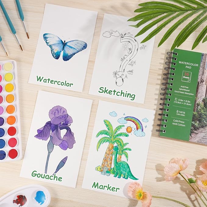 Prudiut 36 Sheets Watercolor Paper Pads 5.5x8.5”, 140 lb/300 GSM Cold Press Water Color Paper, Spiral Bound Watercolor Sketchbook for Watercolors, Art Painting, Journal