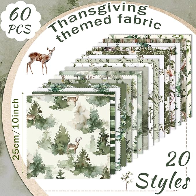 Oudain 60 Pcs 10 x 10 Inch Christmas Watercolor Forest Quilting Fabric Squares Vintage Green Xmas Fat Patchwork Precut Strips Santa Deer Hunting Fabric Bundles for Xmas DIY Craft Sewing