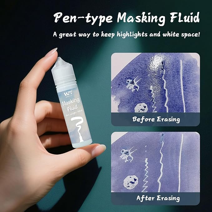 Masking Fluid for Watercolor Painting 60ml Blue with a Paintbrush and Eraser - Art Masking Fluid Pen Watercolor Medium Art Supplies for Artists