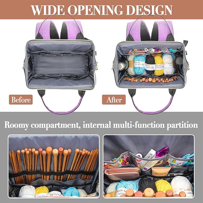 Knitting Bag Backpack, Crochet Bag Tote, Yarn Organizer with USB Charging Port, Christmas Gifts Large Travel Knit Storage Tote for Crochet Hooks, Knitting Needles, Yarn Supplies, Purple