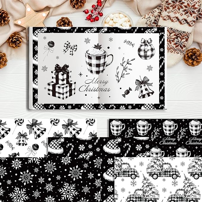 24 Sheets Christmas Scrapbook Paper 12'' × 12'' Double-Sided Xmas Black Plaid Pattern Paper Decorative Art Cardstock for Holiday DIY Crafts Card Making Scrapbook Supplies