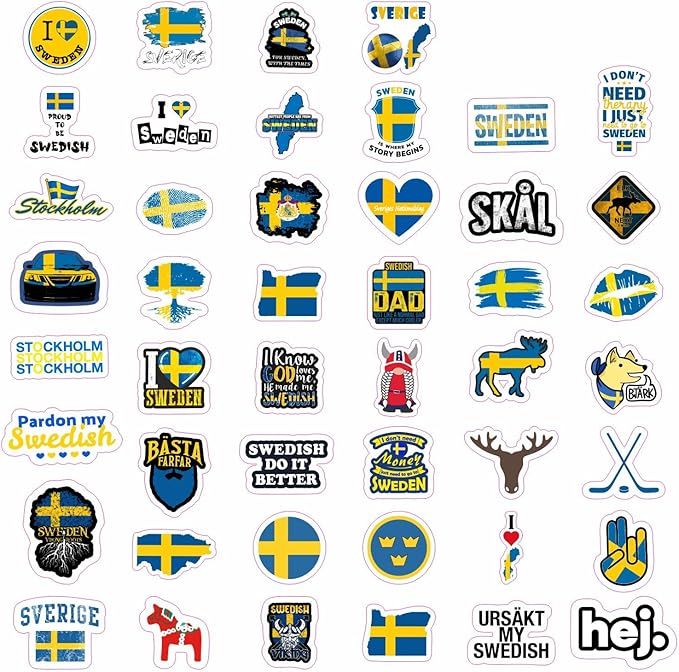 BulbaCraft Swedish Stickers for Water Bottle and Laptop - Nordic Party Supplies & Decorations, Waterproof Vinyl Swedish Decals, Sweden Flag and Culture Stickers Laptop Decals, Gifts for Women & Men