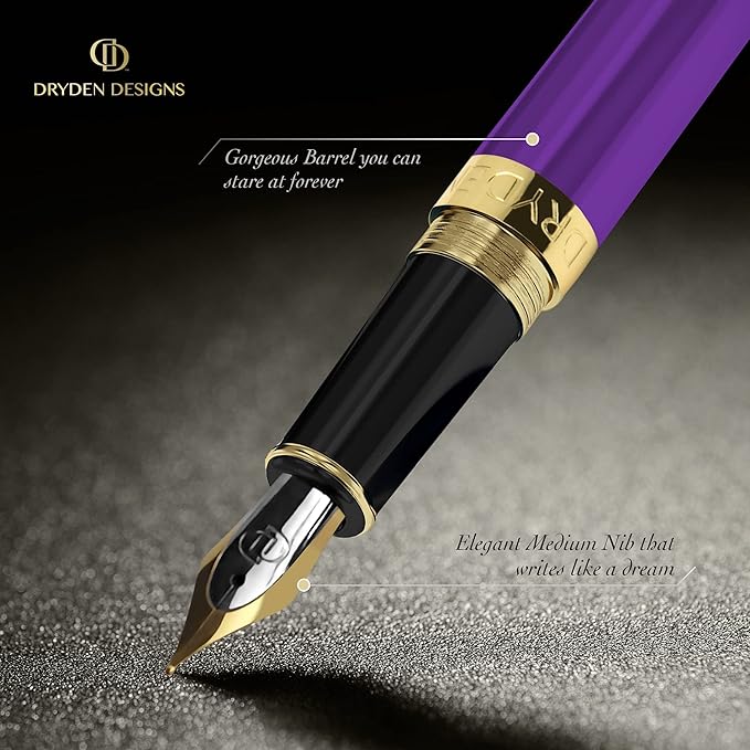 Dryden Designs Fountain Pen. Medium Nib Premium Box | 6 Ink Cartridges Included (Decadent Purple)
