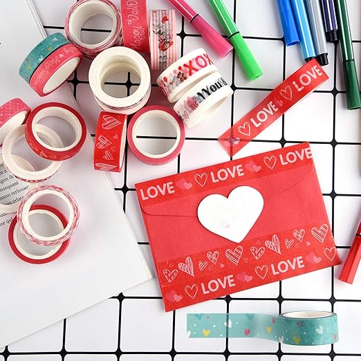 MIAHART 20 Rolls Valentines Washi Tape Set, Pink Heart Washi Tape 8MM/15MM Wide Love Craft Tape Valentines Gift Wrapping Tape for DIY Valentine's Day Greeting Card, Holiday Party Supplies