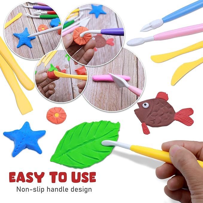 DUGATO Clay Sculpting Tools (17pc Set) - Double-Sided Plastic Modeling Kit for Polymer Clay, Pottery, Fondant & Cake Decorating - Art & Craft Supplies for Beginners & Artists