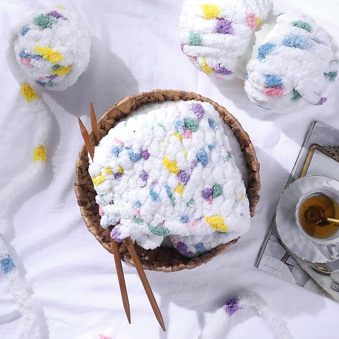 HOMBYS 8 Pack Giant Chunky Yarn for Crocheting/Hand Knitting, Super Bulky Large Soft Fluffy Tie Dye Plush Fuzzy Mixed Color Thick Chenille Yarn (Rainbow, White)