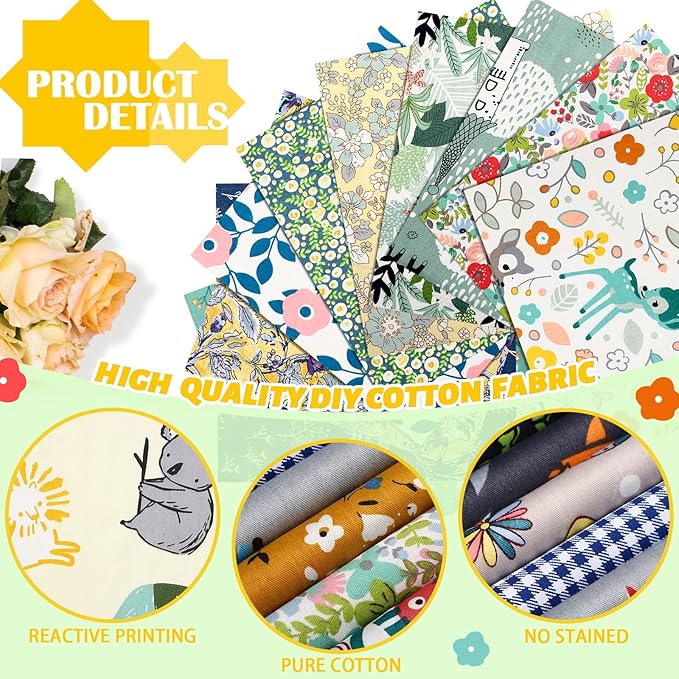 Oudain 100 Pcs 10 x 10 Inches Cotton Fabric Squares Bulk Floral Fabric Scraps Precut Fat Squares Material for Sewing Sheets for DIY Craft Scrapbooking Quilting Patchwork Clothing(10 Inch,Cute)