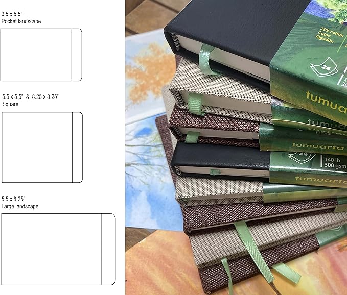 tumuarta Square Watercolor Journal, 8.25x8.25”, 140 LB, 300 GSM, 25% Cotton, Cold Press, 24 Sheets, 48 Pages, Watercolor Paper Sketchbooks for Use As Travel Mixed Media Pads On The Go