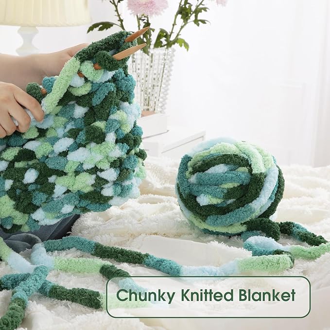 HOMBYS 8 Pack Giant Chunky Yarn for Crocheting,Super Bulky Large Soft Fluffy Yarn,Tie Dye Plush Fuzzy Yarn,Mixed Color Thick Chenille Yarn for Hand Knitting/Arm Knitting (Mint, Teal, Green)